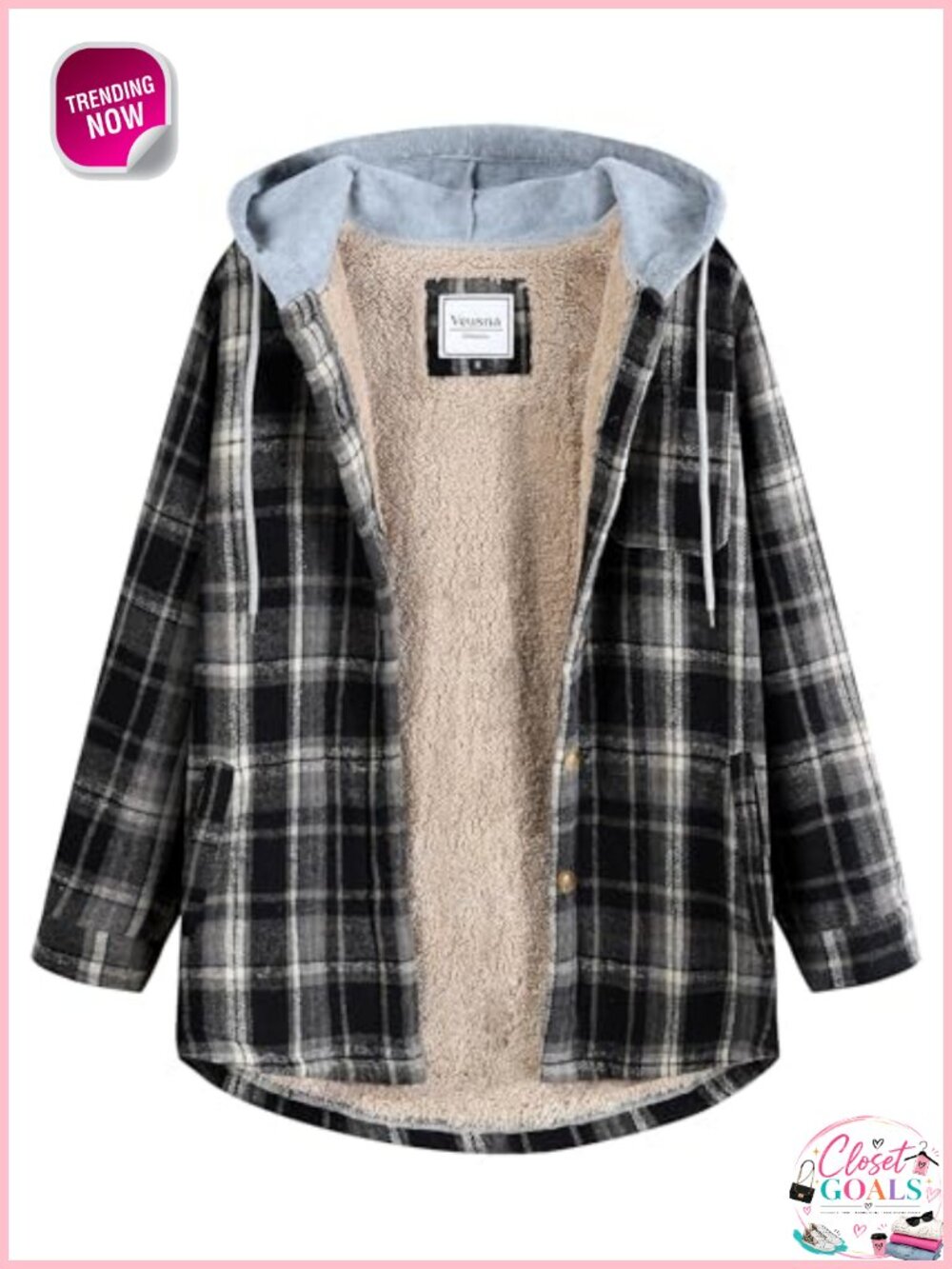 Sherpa Lined Plaid Flannel Shacket Hooded Fleece Jacket